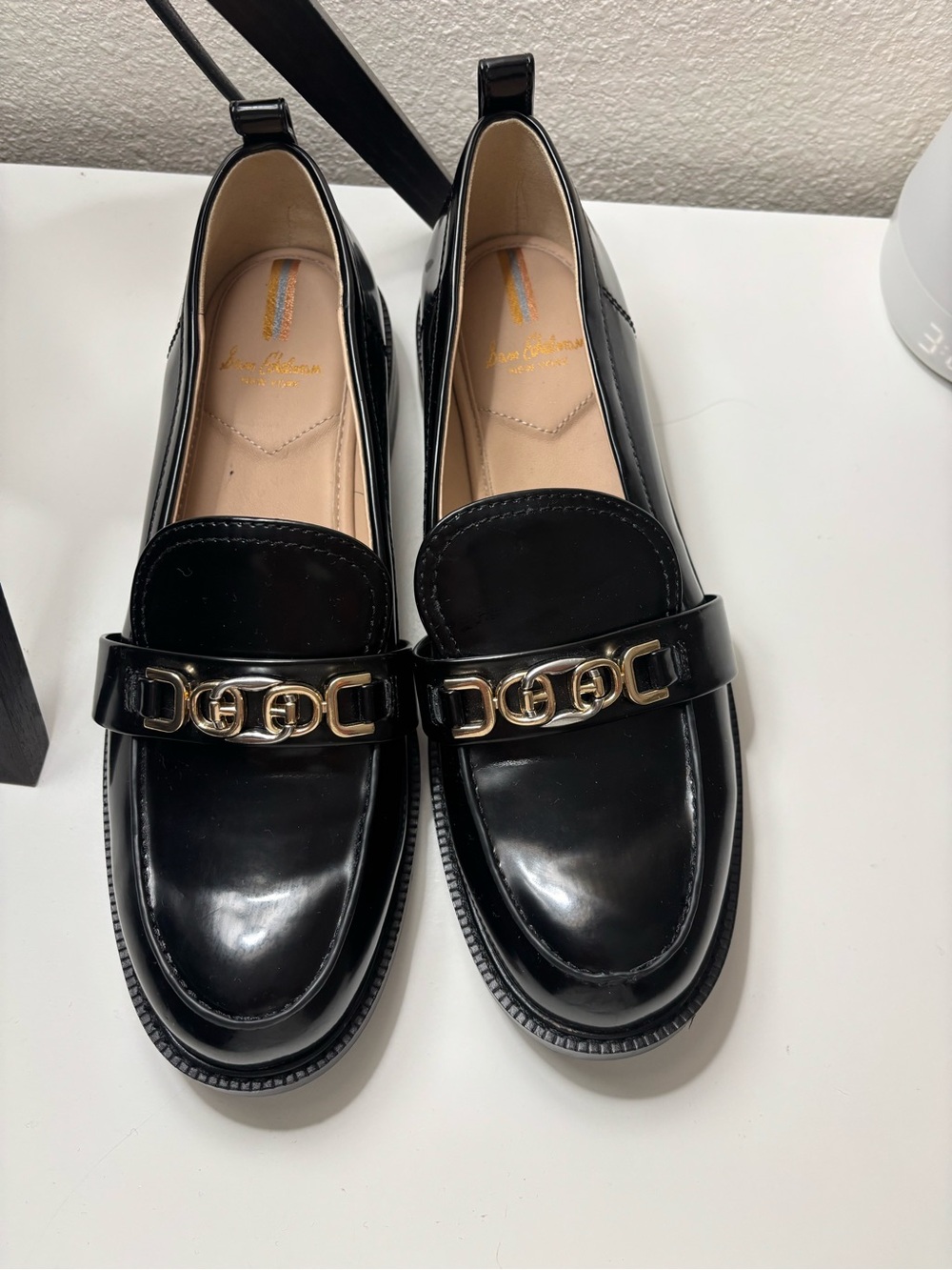 Sam Edelman Black Patent Loafers with Gold Chain Accent